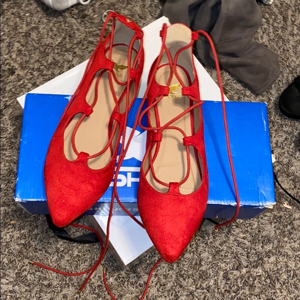 COPY - Red micro suede lace up slip on’s . Used once